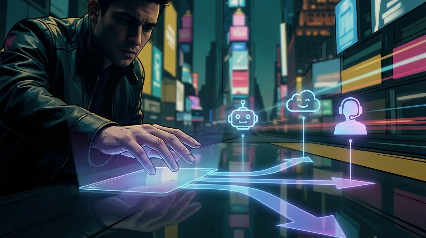 A person hesitates before choosing from several holographic paths, symbolizing the challenge of finding the best dream companion ai alternatives. Filename: dream-companion-ai-alternatives-bestie-ai.webp