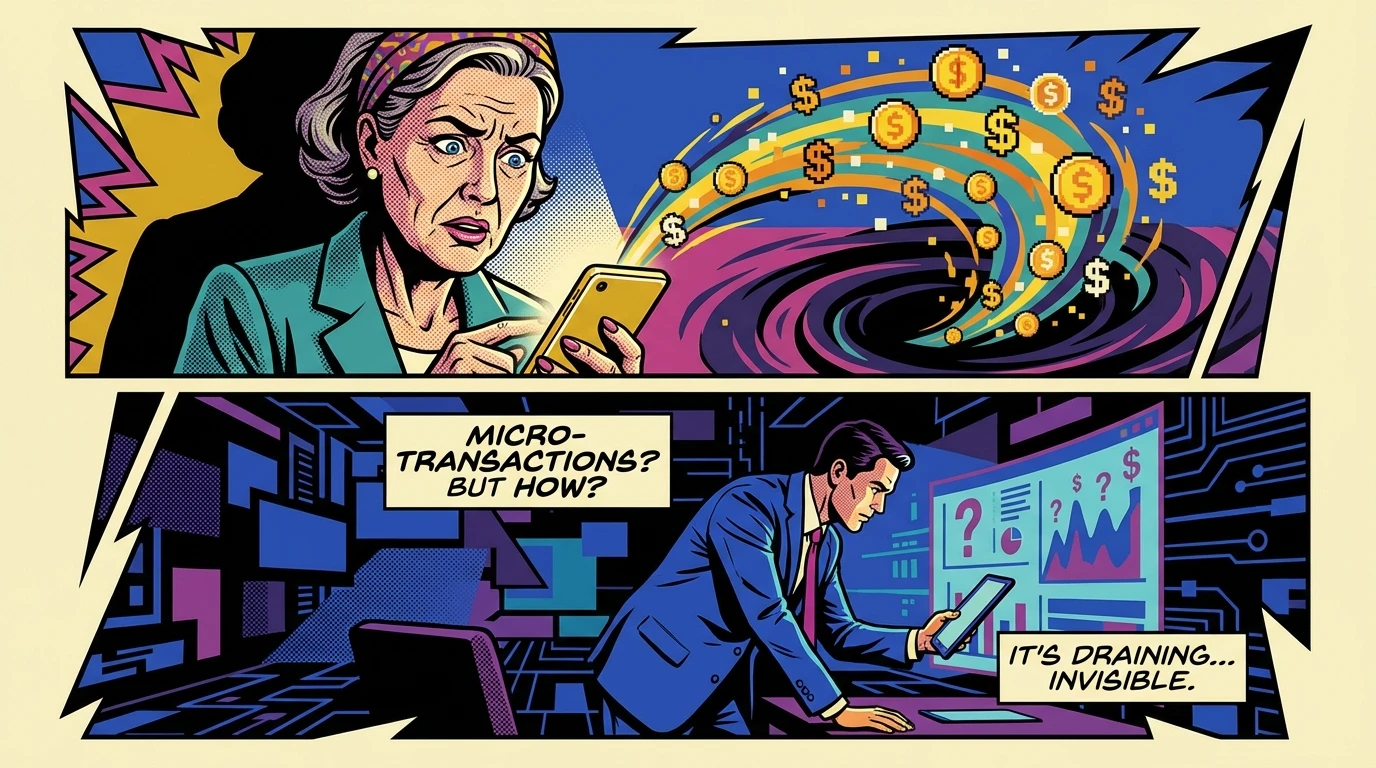 An illustration showing the hidden costs of the dream companion ai pricing model, with gold coins being drained from a user's smartphone. dream-companion-ai-pricing-model-bestie-ai.webp