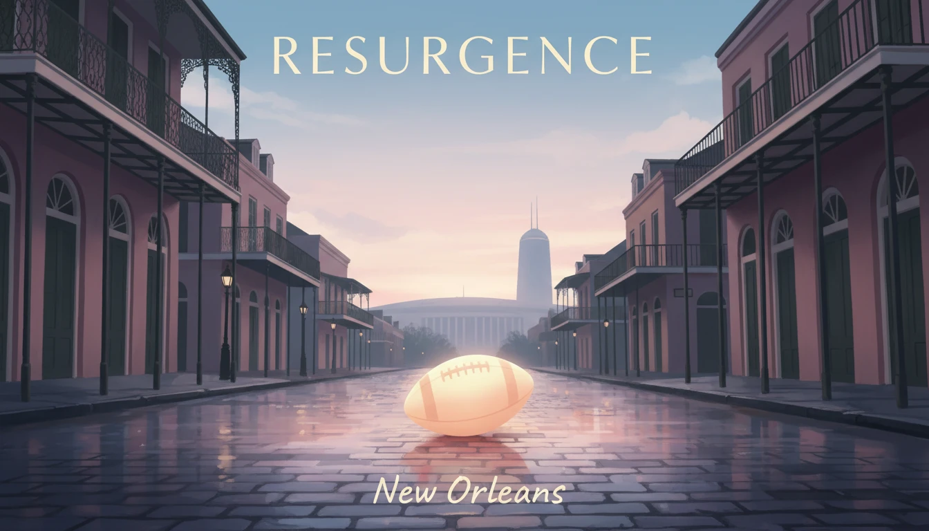 drew-brees-impact-on-new-orleans-bestie-ai.webp - An artistic rendering showing the symbolic impact of Drew Brees: a glowing football rests on a New Orleans street, representing hope and rebirth for the city.