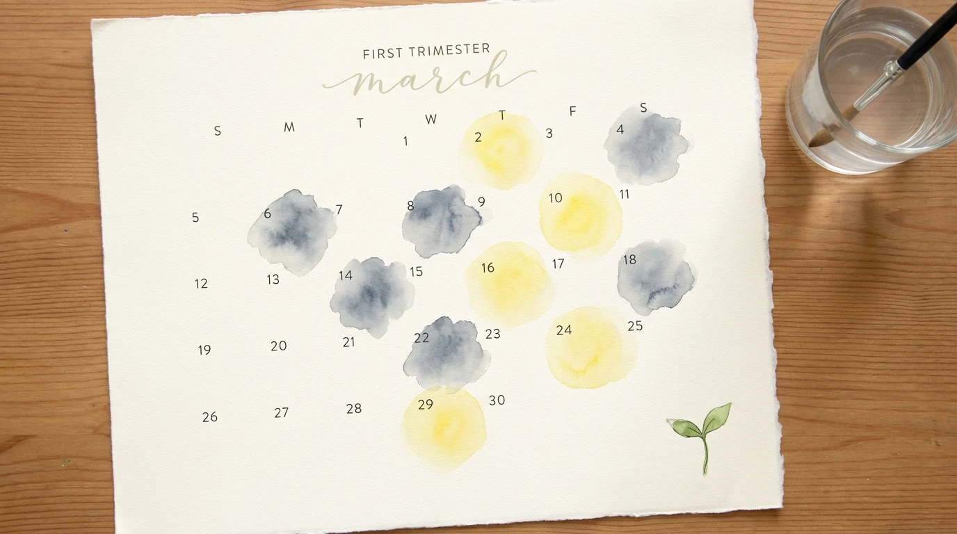 A symbolic watercolor calendar illustrating how early pregnancy symptoms come and go, with some days grey and others sunny, representing the hopeful journey of the first trimester. filename: early-pregnancy-symptoms-come-and-go-bestie-ai.webp