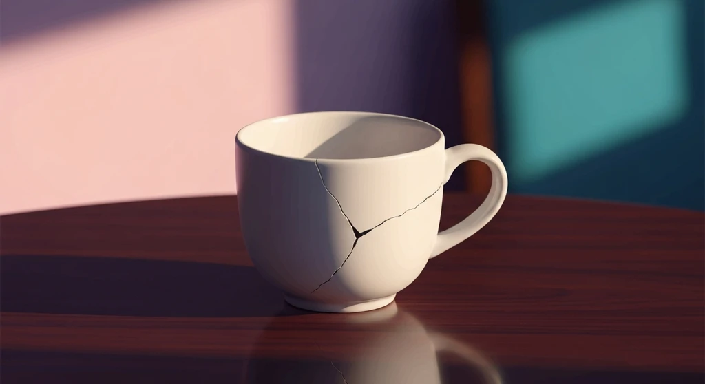 A ceramic cup with a visible hairline crack on a dark table, symbolizing the early signs of resentment in a relationship-bestie-ai.webp