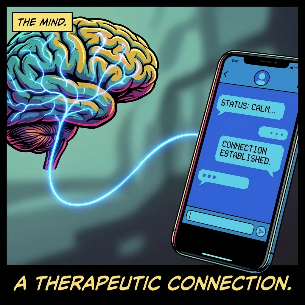 An illustration showing the connection between a human brain and a smartphone, symbolizing the effectiveness of AI mental health apps in applying cognitive principles. Filename: effectiveness-of-ai-mental-health-apps-bestie-ai.webp