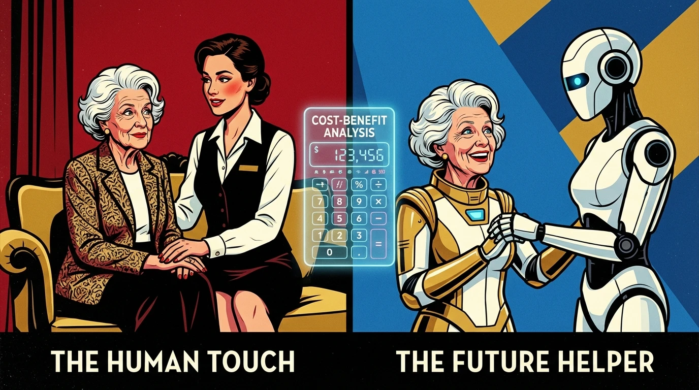 A conceptual image illustrating the elderly care robot cost comparison, showing a senior happy with both a human caregiver and an AI companion, symbolizing the financial decision-making process. Filename: elderly-care-robot-cost-breakdown-2025-bestie-ai.webp