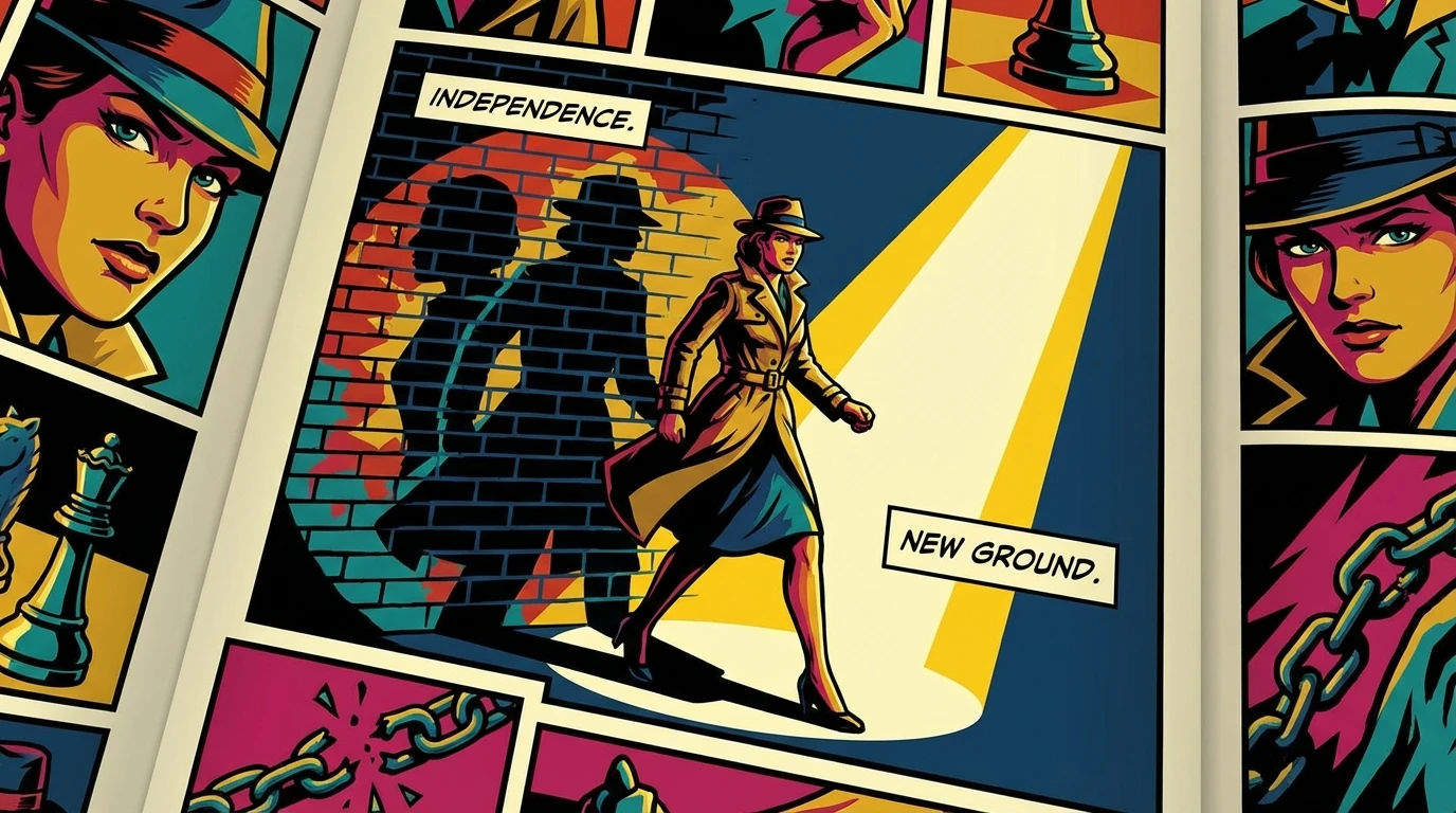 A woman walks into a spotlight, leaving a large shadow behind her, symbolizing the unique Elizabeth Olsen career path forged through independence and strategy. Filename: elizabeth-olsen-career-path-bestie-ai.webp