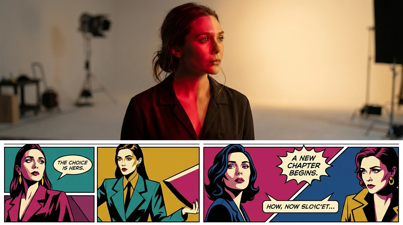 A symbolic image representing Elizabeth Olsen's upcoming movies in 2024, showing her moving from the red chaos of her past role towards a new, warmly lit creative path. Filename: elizabeth-olsen-upcoming-movies-2024-bestie-ai.webp