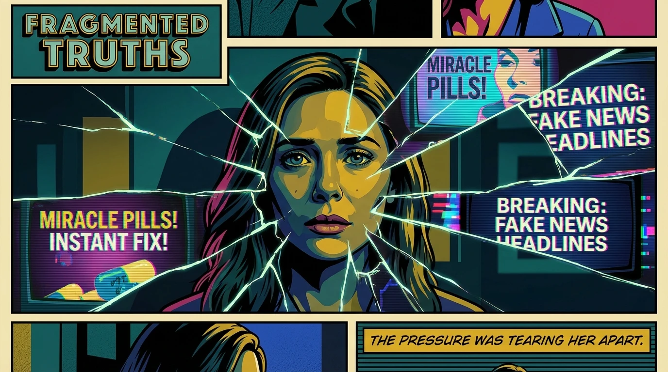 A conceptual image illustrating the deceptive nature of the elizabeth olsen weight loss scam, showing her fractured image with fake ads visible through the cracks. Filename: elizabeth-olsen-weight-loss-scam-guide-bestie-ai.webp