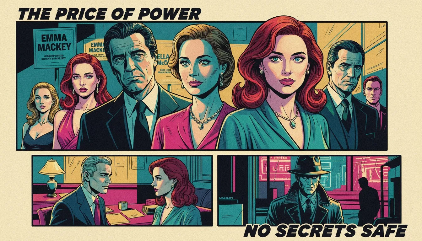 A sophisticated visual guide to the 'Ella McCay' full cast list, featuring portraits of the ensemble cast in a moody, political setting. filename: 'ella-mccay-full-cast-list-bestie-ai.webp'