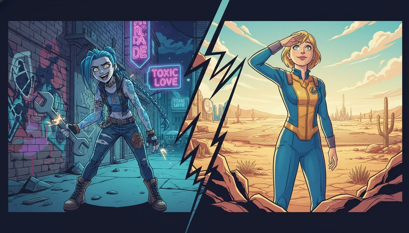 A split-image concept showing the acting range of Ella Purnell, with her chaotic character Jinx from Arcane on one side and her optimistic character Lucy from Fallout on the other. filename: ella-purnell-jinx-vs-lucy-comparison-bestie-ai.webp