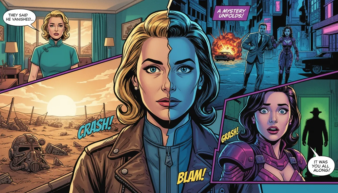 A symbolic image representing Ella Purnell's upcoming movies and shows, showing her between the distinct visual styles of Fallout and Arcane to illustrate her versatile acting career. ella-purnell-upcoming-movies-and-shows-bestie-ai.webp