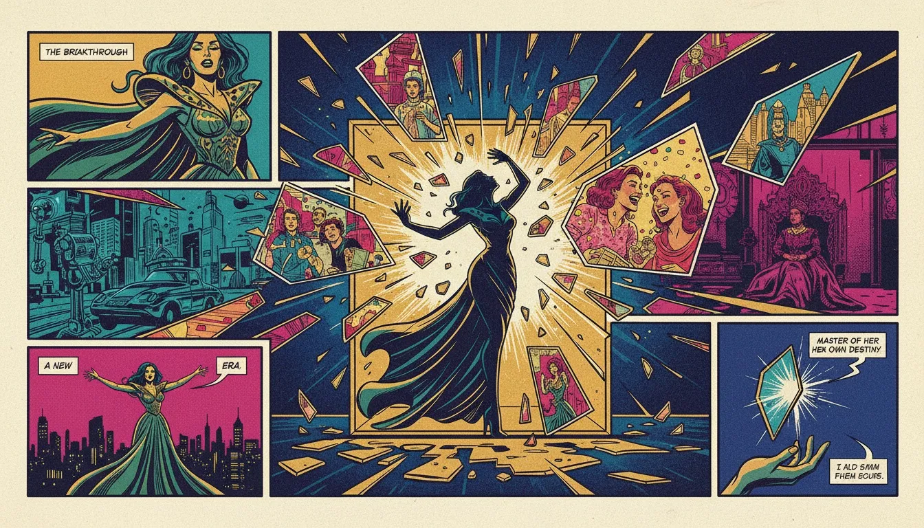 A symbolic image representing the Emily Blunt acting range analysis, showing a figure shattering a glass box that reflects her versatile movie roles, from sci-fi to drama. Filename: emily-blunt-acting-range-analysis-bestie-ai.webp