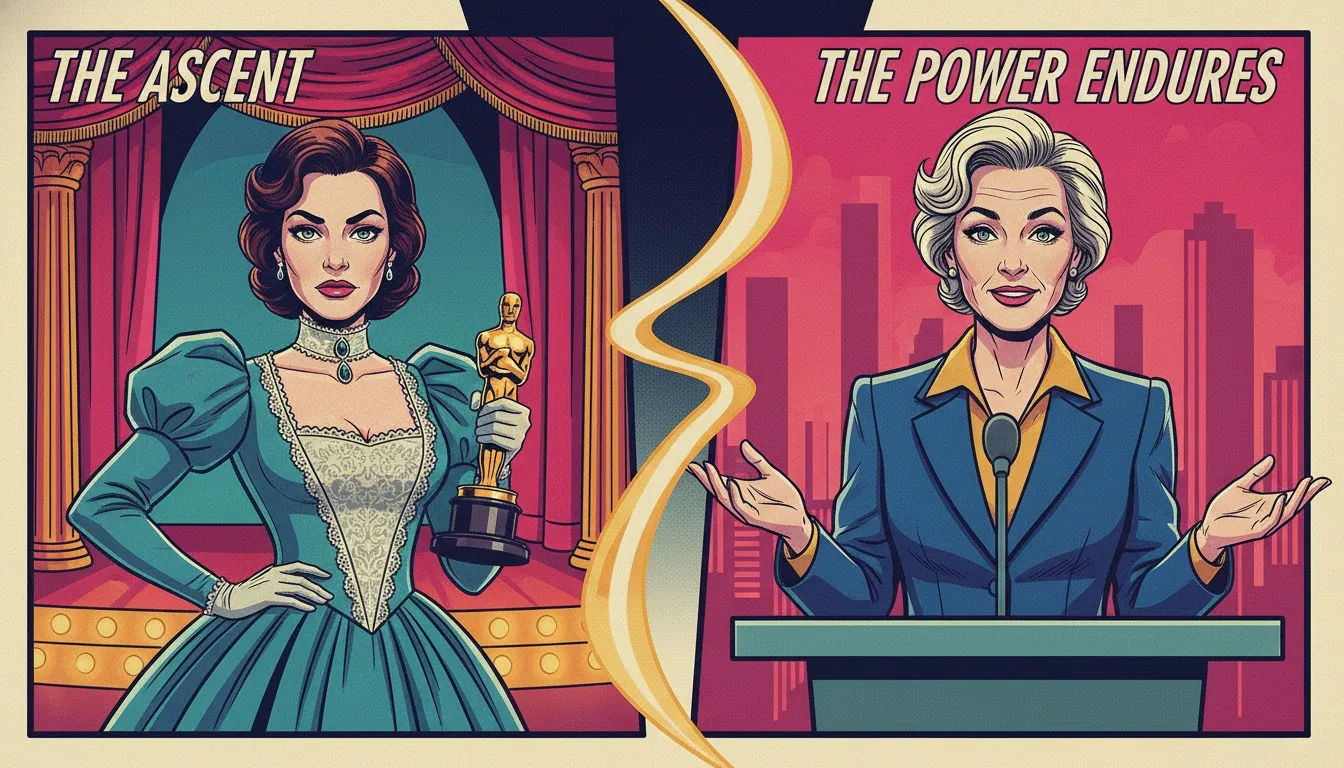 A split image representing the Emma Thompson career evolution, showing her as a young Oscar winner and a modern-day influential figure. emma-thompson-career-evolution-bestie-ai.webp