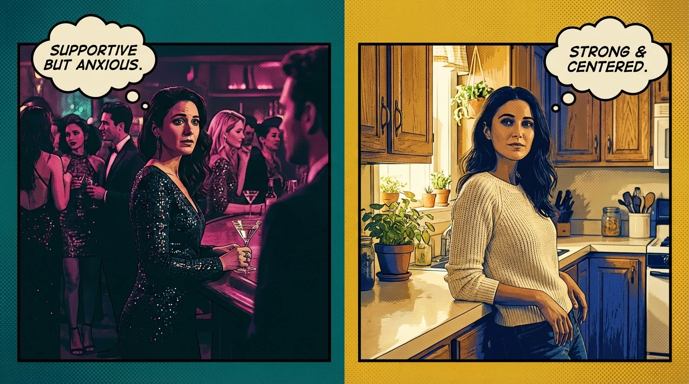 A split-image representing the two relationship models of Emmanuelle Chriqui's characters, Sloan and Lana, contrasting a glamorous but tense party with a grounded, warm family setting. filename: emmanuelle-chriqui-sloan-vs-lana-lang-bestie-ai.webp