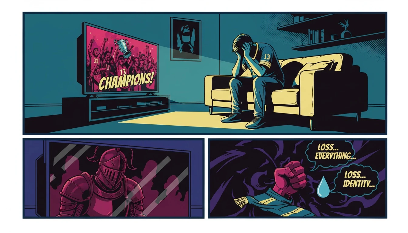 A person feeling the weight of their emotional attachment to sports teams, reflected as a defeated knight on a TV screen after a game. Filename: emotional-attachment-to-sports-teams-bestie-ai.webp