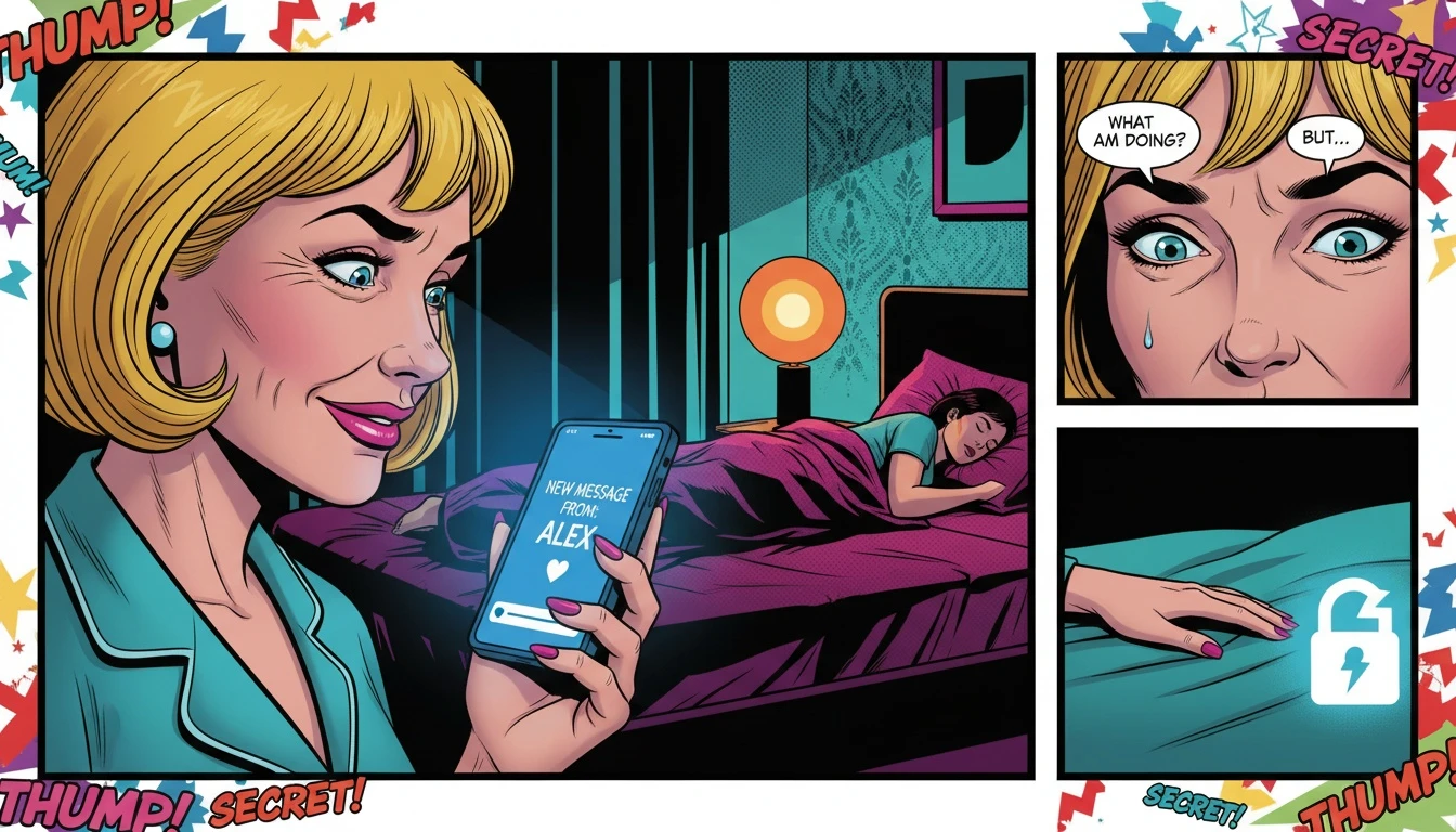 A woman in a dark room looks at her glowing phone, illustrating the internal conflict of emotional cheating vs friendship and the secrecy involved in having a crush while married. Filename: emotional-cheating-vs-friendship-bestie-ai.webp