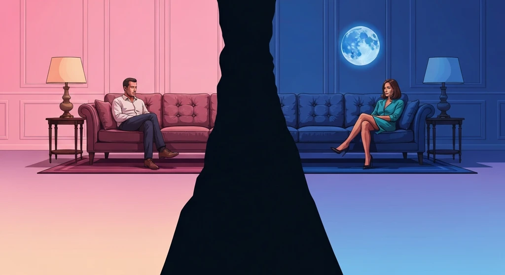 A visual representation of emotional distance in marriage showing a couple physically separated by shadow on a sofa-bestie-ai.webp