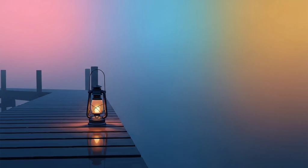 An empty pier in the fog with a single glowing lantern, representing the journey of healing emotional flashbacks childhood neglect-bestie-ai.webp
