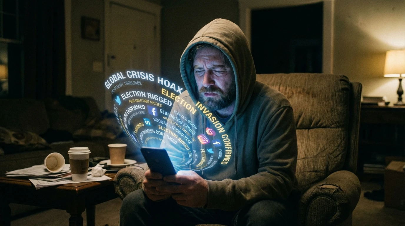 A person looking at a phone that displays a chaotic swirl of fake news, illustrating the confusing emotional impact of misinformation. filename: emotional-impact-of-misinformation-bestie-ai.webp