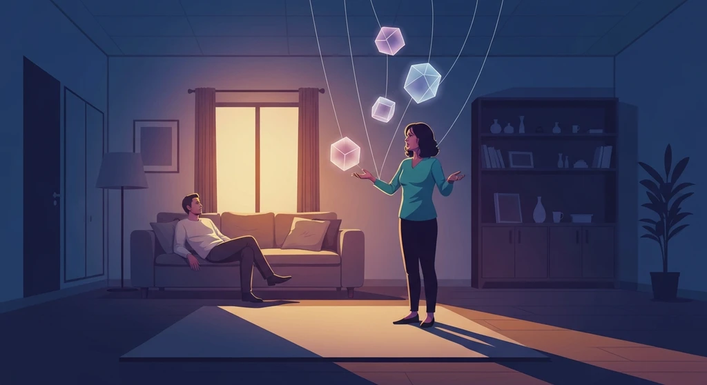 A symbolic representation of emotional labor in relationships showing the invisible mental load balanced by a woman in a quiet home-emotional-labor-in-relationships-bestie-ai.webp