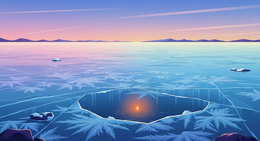 A symbolic representation of emotional numbness trauma freeze showing a glowing ember trapped beneath thick lake ice.