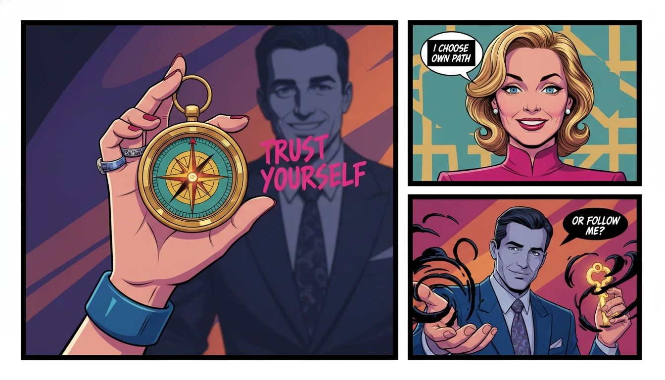 A symbolic image representing how to spot emotional red flags in early dating, showing a hand holding a glowing compass that points toward safety and away from a shadowy potential partner.