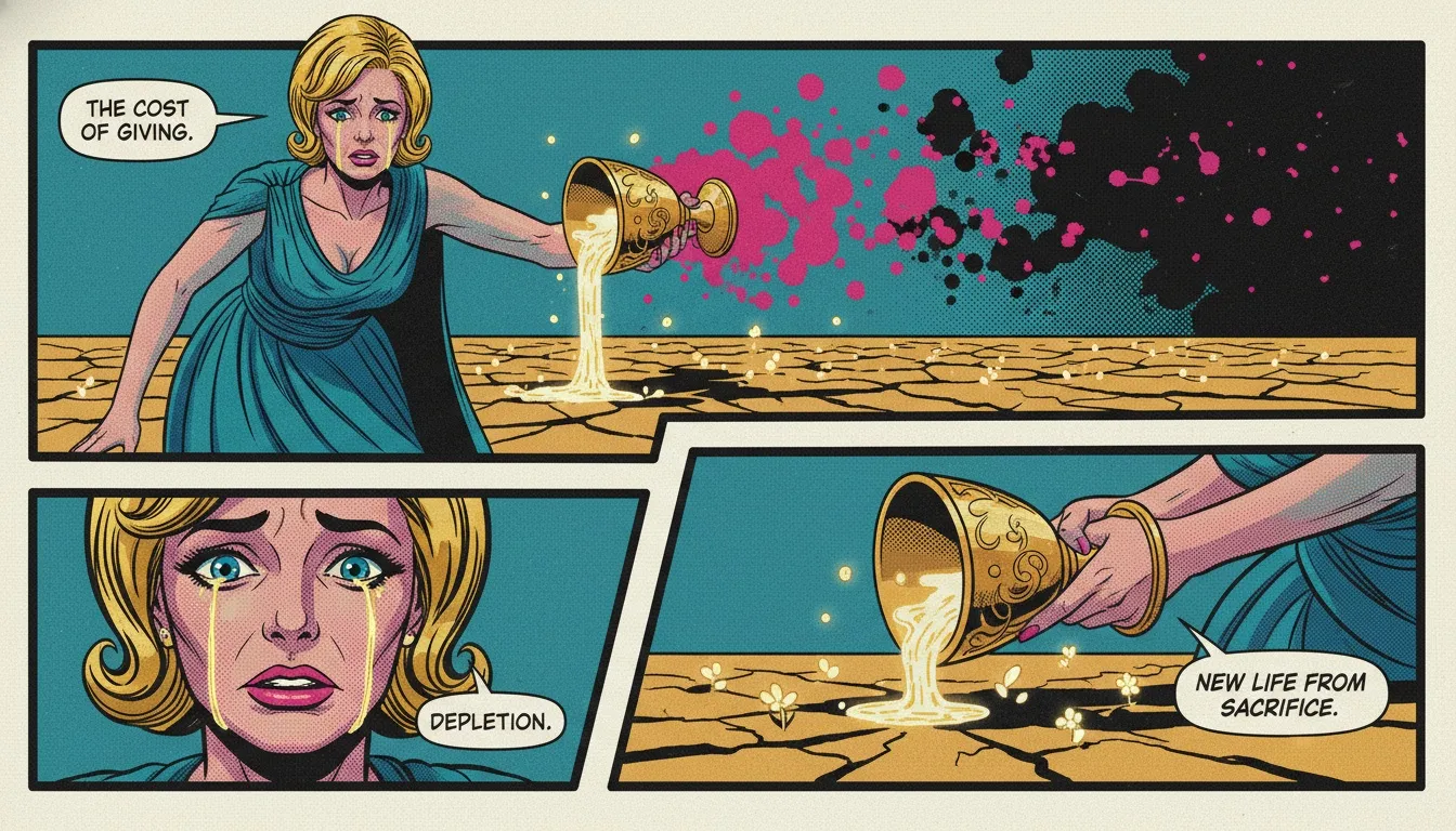 A symbolic image representing ENFJ burnout symptoms, where a person empties their overflowing cup of light onto a dry desert, signifying the dangers of over-giving. Filename: enfj-burnout-symptoms-self-care-bestie-ai.webp