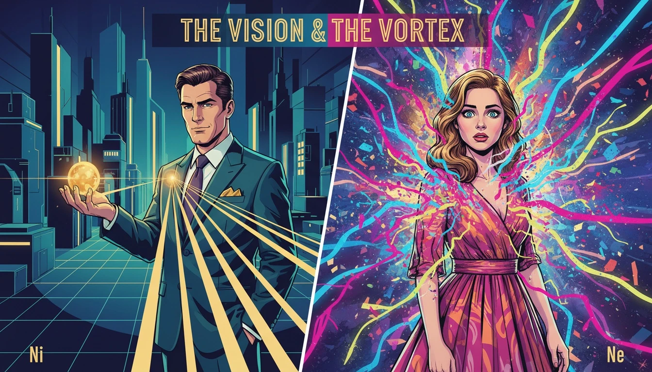 A symbolic representation of ENFJ vs ENFP differences, with one figure holding a focused orb of light and the other surrounded by a cloud of possibilities. enfj-vs-enfp-differences-bestie-ai.webp