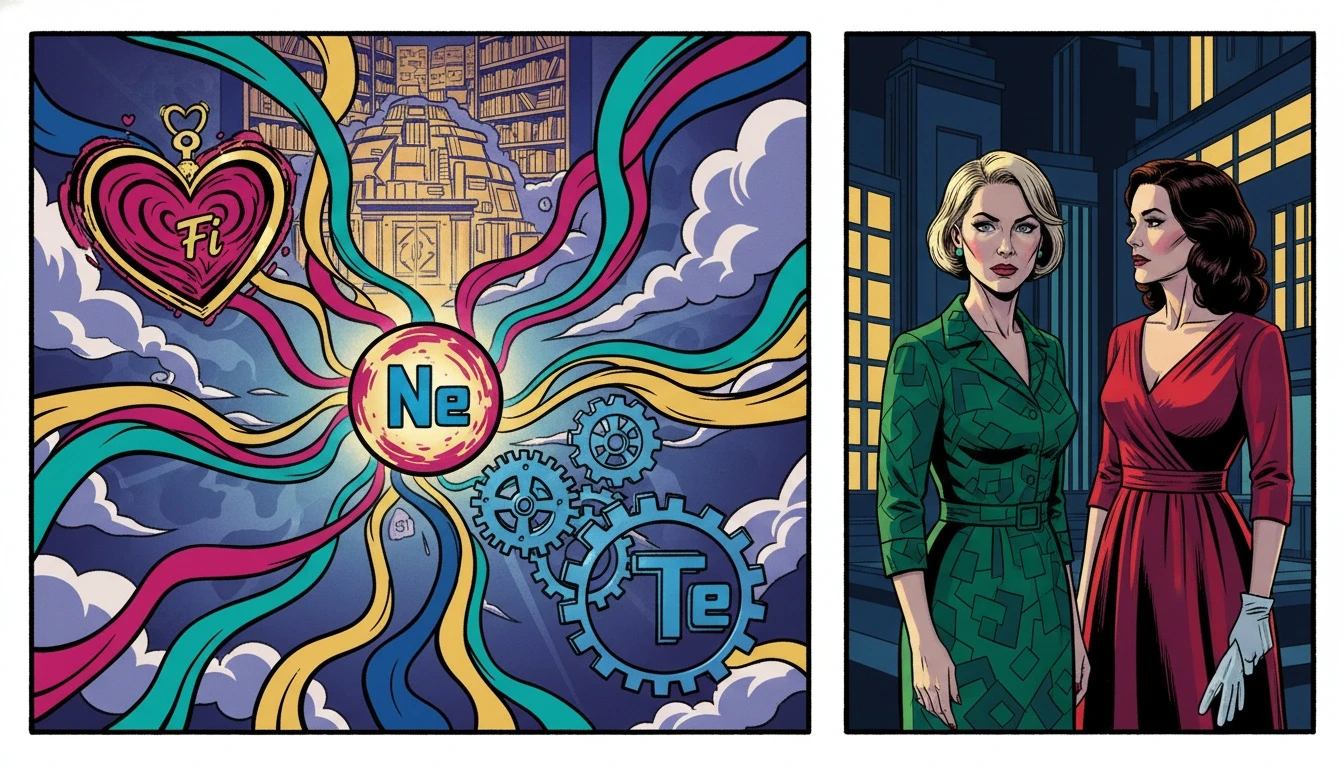 An artistic representation of the ENFP cognitive function stack, showing the interconnectedness of intuition, feeling, thinking, and sensing for this personality type. filename: enfp-cognitive-function-stack-explained-bestie-ai.webp