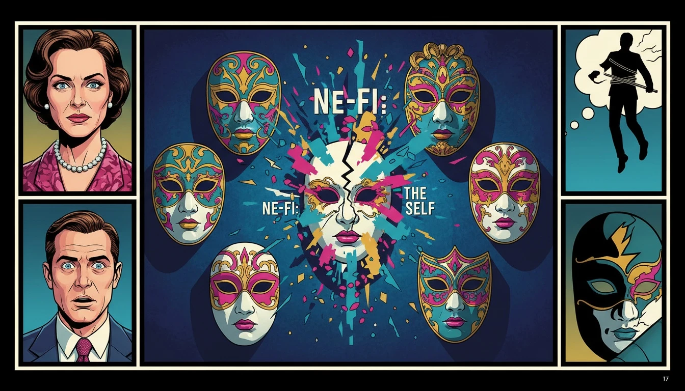 A symbolic image representing how many ENFP famous people are mistyped, showing a cracked mask revealing a universe of true personality within. filename: enfp-famous-people-mistyped-bestie-ai.webp