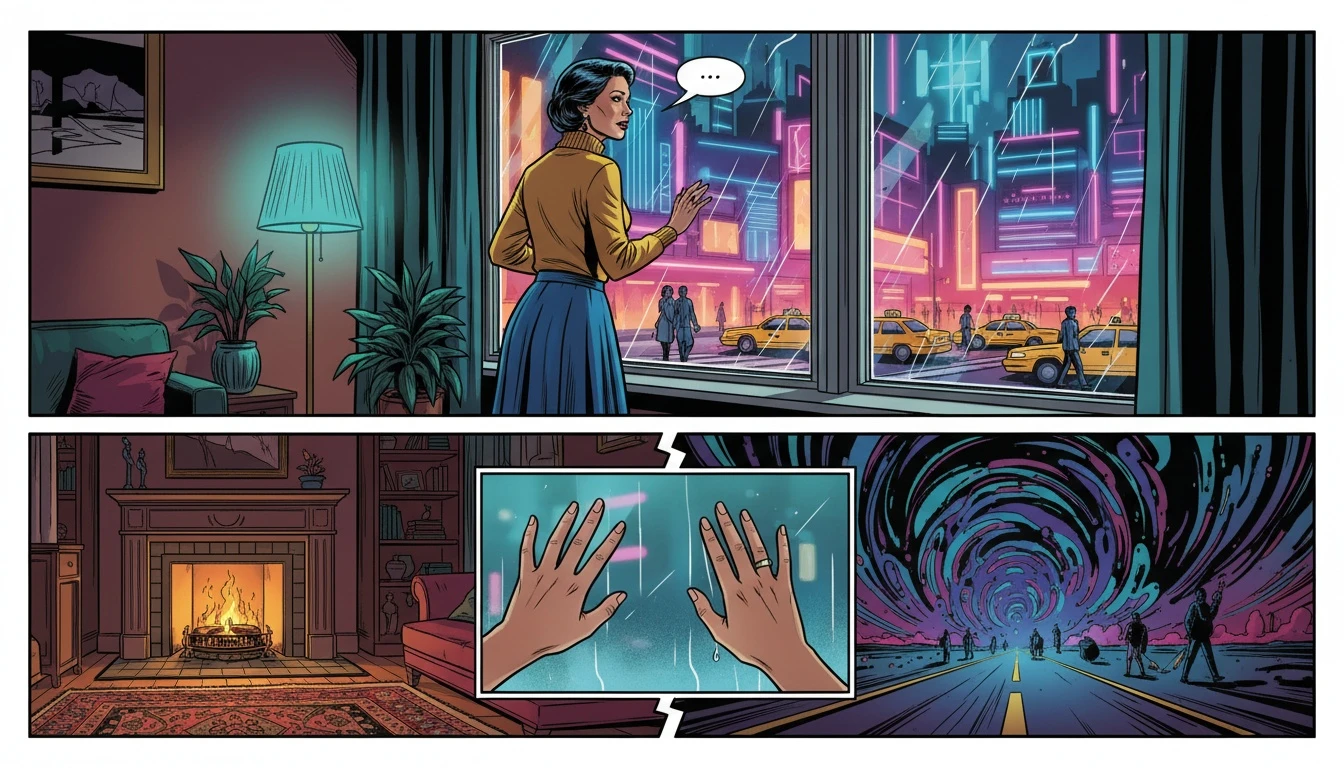 A person reflects on ENFP relationship problems, looking from a safe, cozy room out onto a vast city of possibilities, symbolizing the inner conflict between commitment and the fear of missing out. Filename: enfp-relationship-problems-bestie-ai.webp