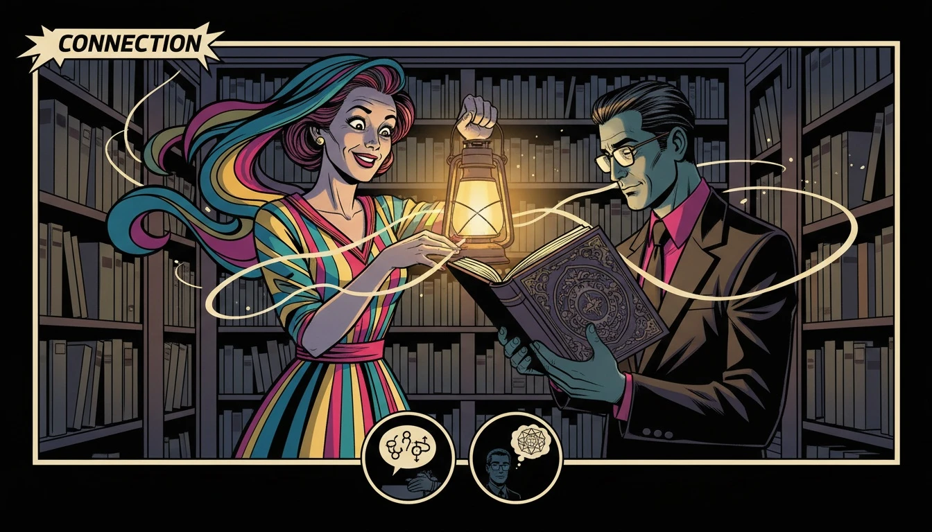 A symbolic image representing ENFP strengths in relationships, showing two figures connecting over a glowing book in a dark library, illustrating the concept of the 'golden pair'. enfp-strengths-in-relationships-bestie-ai.webp