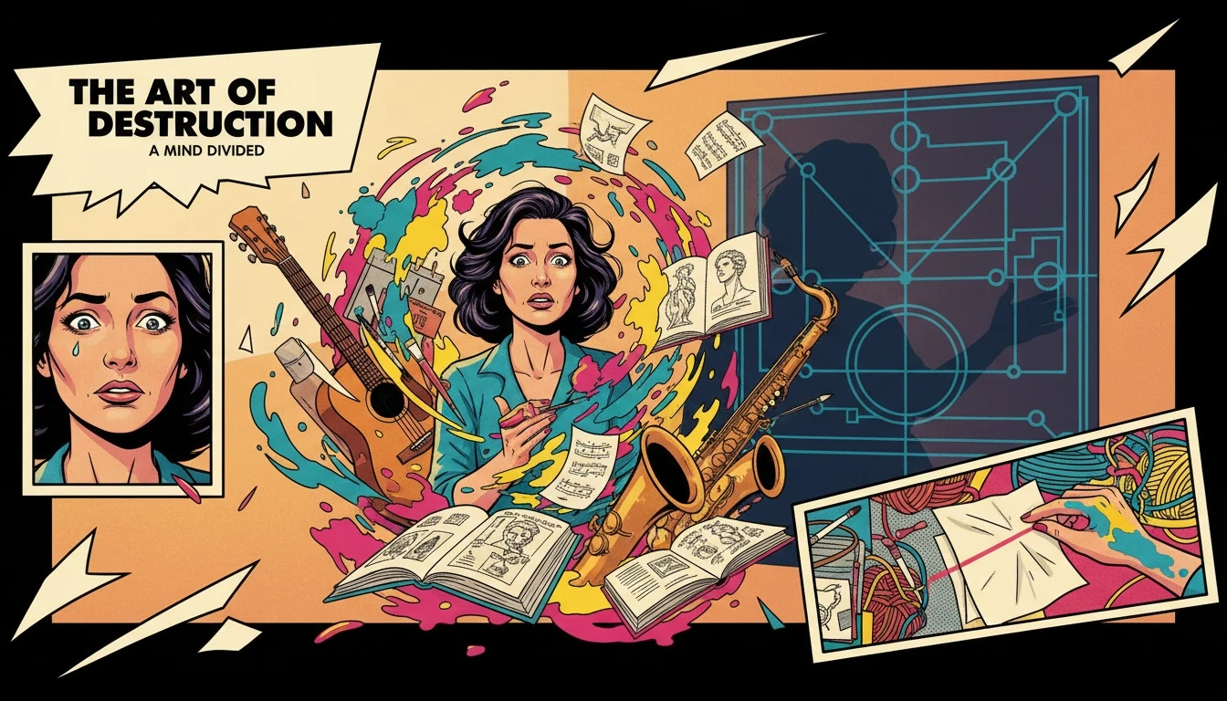 A visual representation of ENFP weaknesses, showing a creative person overwhelmed by chaos while their rigid shadow looms, symbolizing the internal struggle of an overactive Te. filename: enfp-weaknesses-bestie-ai.webp