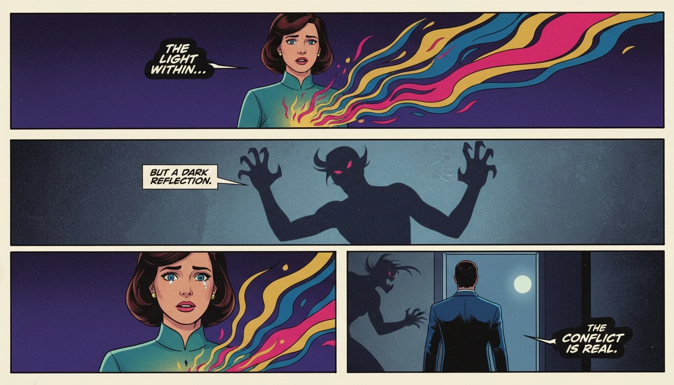 A symbolic image depicting ENFP weaknesses, where a person's vibrant inner light casts a dark, distorted shadow, representing the conflict between a healthy and unhealthy state. enfp-weaknesses-unhealthy-vs-healthy-bestie-ai.webp