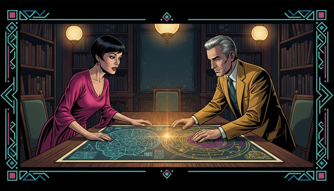 An artistic representation of enneagram vs mbti compatibility, where a glowing brain blueprint and a celestial star chart overlap to form a complete picture of personality. Filename: `enneagram-vs-mbti-compatibility-bestie-ai.webp`.