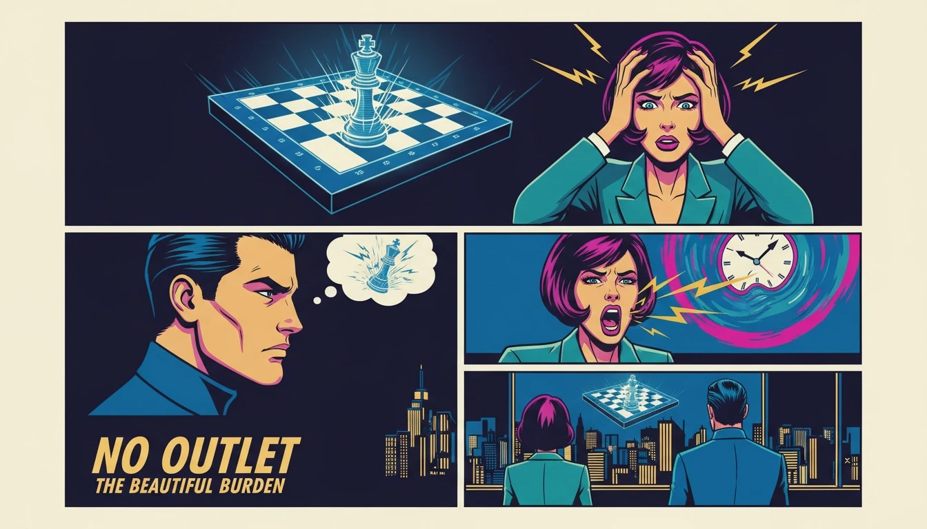 A glowing chessboard representing the strategic mind, illustrating the challenges of ENTJ burnout and stress when the brain can't switch off. File name: entj-burnout-and-stress-guide-bestie-ai.webp