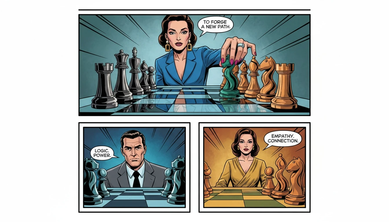 A metaphorical image of a chessboard representing the ENTJ communication style, showing how to bridge the gap between pure logic and collaborative connection. filename: entj-communication-style-bestie-ai.webp