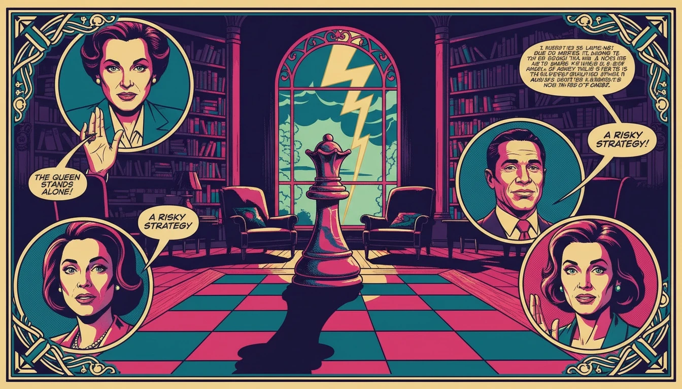 A marble chess queen symbolizing the strategic and powerful ENTJ enneagram type 8 personality, standing firm on a chessboard as a storm brews outside. Filename: entj-enneagram-type-8-bestie-ai.webp