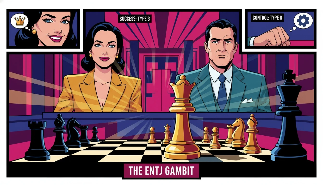 A symbolic chess board representing the ENTJ enneagram type correlation, with a queen piece caught between light (success) and shadow (control). Filename: entj-enneagram-type-correlation-bestie-ai.webp