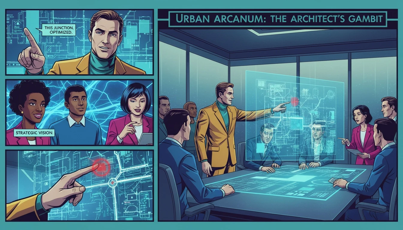 A confident leader demonstrating their ENTJ leadership style by explaining a complex strategic blueprint to an engaged team. entj-leadership-style-bestie-ai.webp