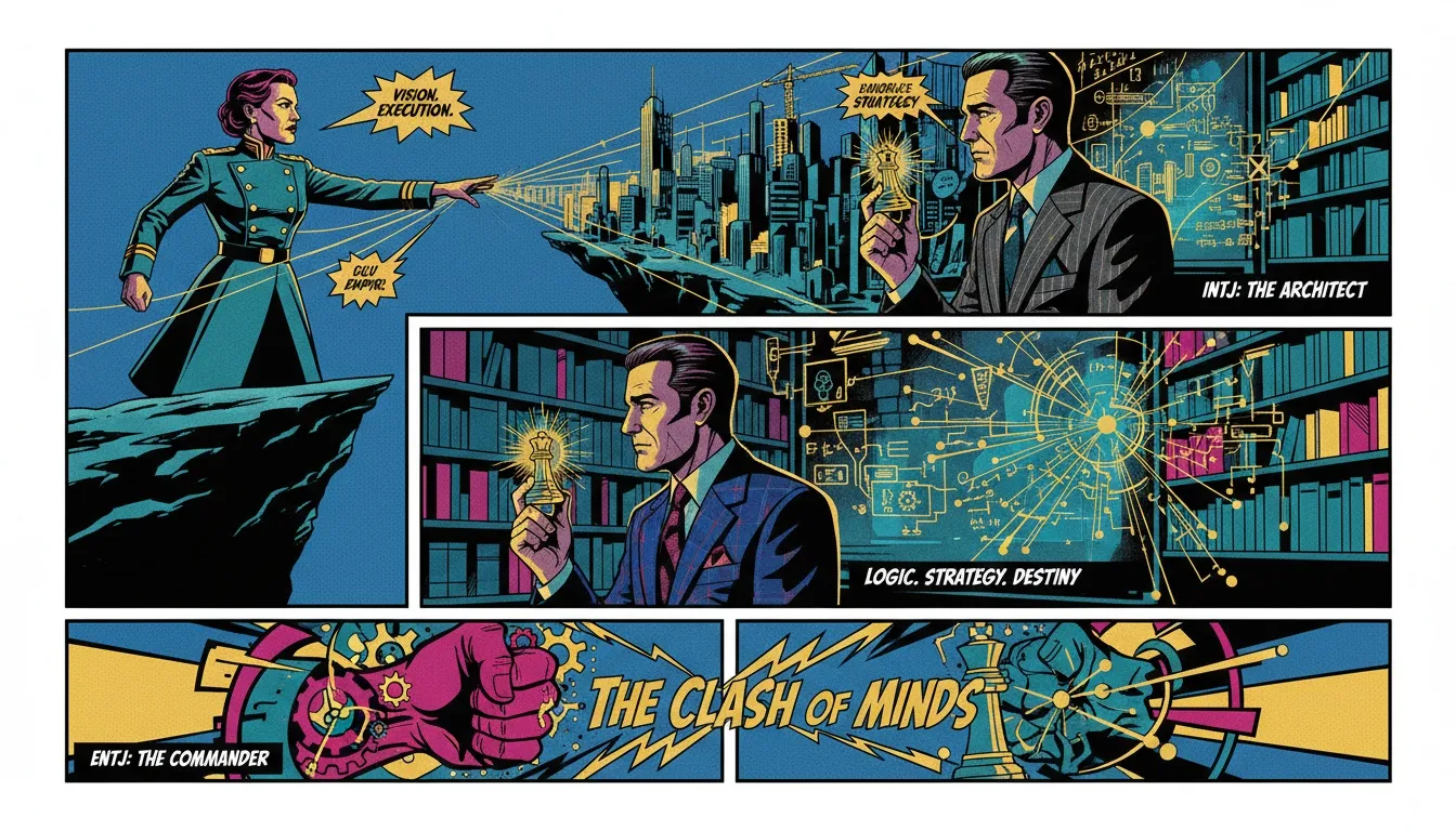 A symbolic image showing the key ENTJ vs INTJ differences: a commander building a city on one side, and a mastermind strategizing with a chess piece on the other. This visual represents the core of the ENTJ personality vs. the INTJ. filename: entj-vs-intj-differences-bestie-ai.webp