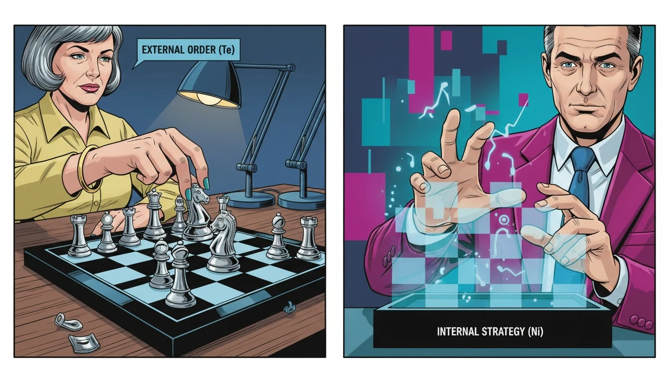 A symbolic image illustrating the entj-vs-intj-key-differences-bestie-ai.webp through two chessboards: one physical and organized, the other a glowing hologram representing internal strategy.