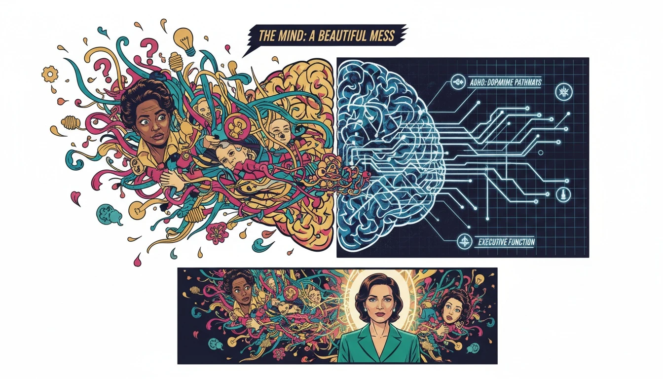 A conceptual image illustrating the ENTP and ADHD overlap, showing a brain that is half creative chaos and half neurological map, symbolizing the intersection of personality and neurodivergence. Filename: entp-and-adhd-overlap-bestie-ai.webp