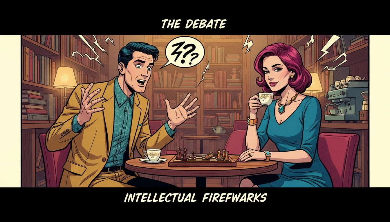 A visualization of ENTP compatibility with other types, showing two people in deep, energetic conversation in a library, representing intellectual chemistry and connection. Filename: entp-compatibility-with-other-types-bestie-ai.webp