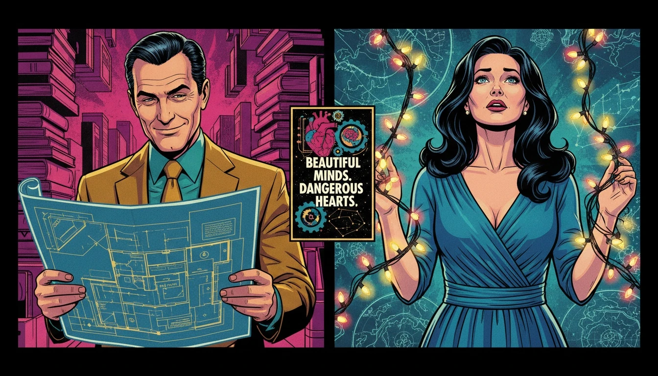 A symbolic representation of ENTP ENFP relationship compatibility, showing a man analyzing a blueprint and a woman admiring fairy lights in a chaotic library, representing their shared energy and different ways of processing the world. filename: entp-enfp-relationship-compatibility-bestie-ai.webp