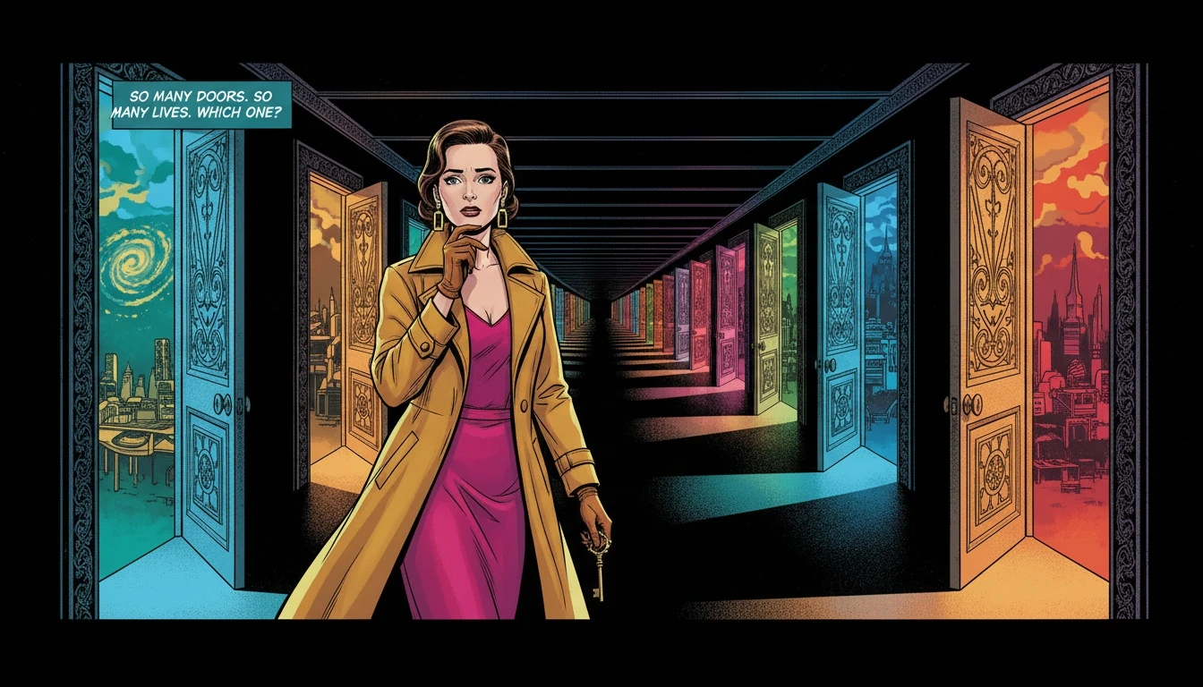 A visual representation of the ENTP fear of commitment, showing a person hesitating before a hallway of infinite possibilities and choices. entp-fear-of-commitment-bestie-ai.webp