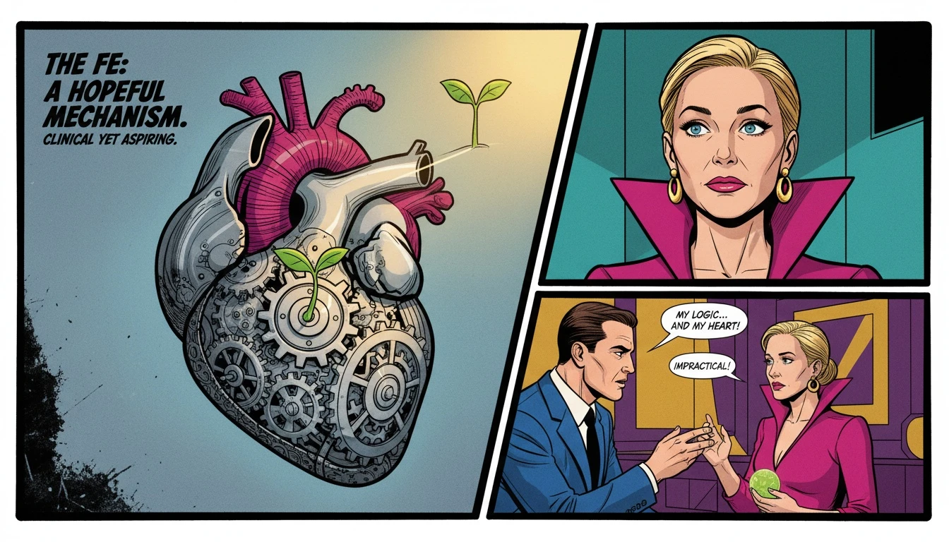 An intricate clockwork heart with a single green sprout growing from it, symbolizing the process of ENTP tertiary Fe development and emotional growth. filename: entp-tertiary-fe-development-bestie-ai.webp