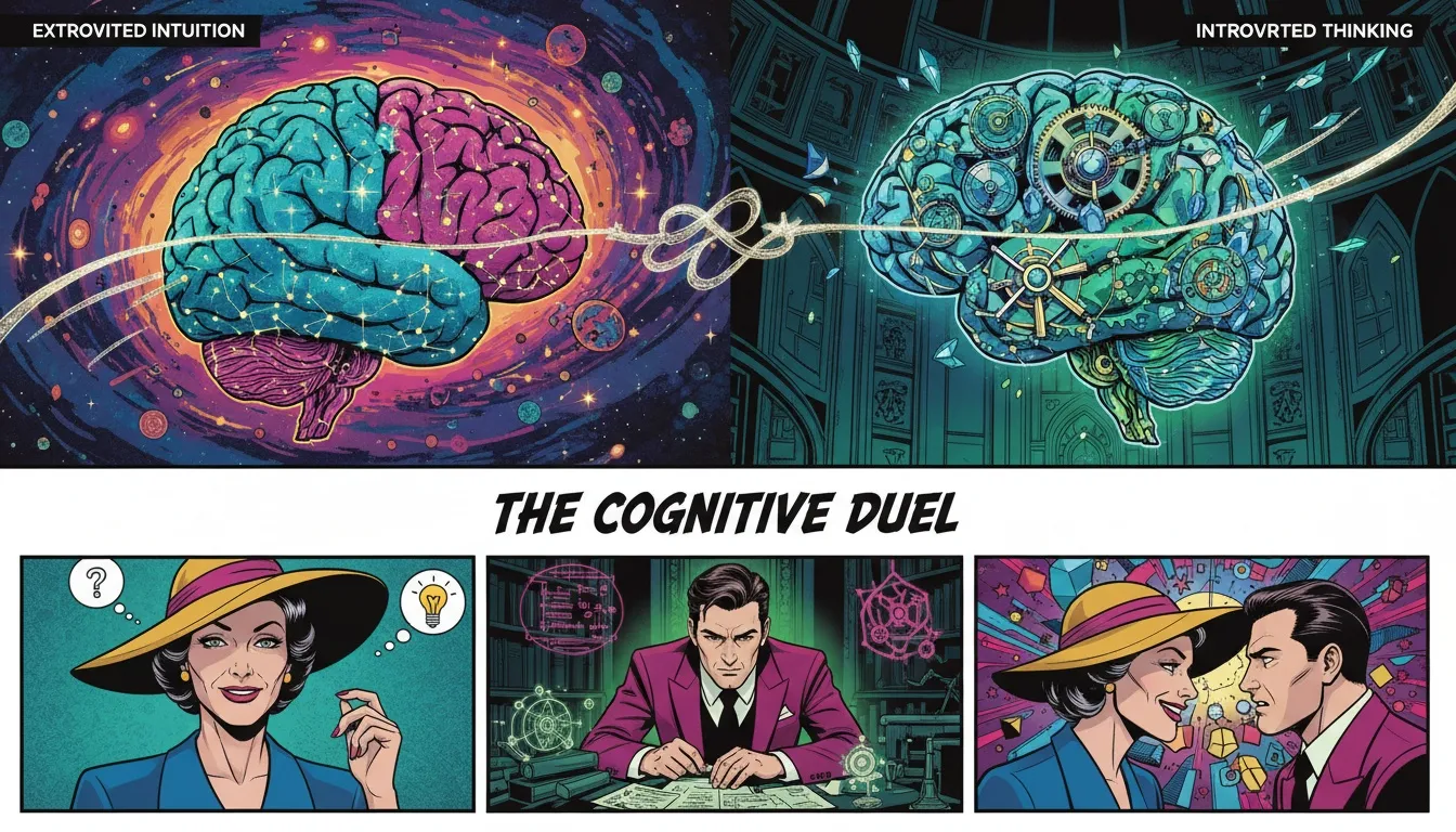 A conceptual image showing the ENTP vs INTP key differences, with one side of a brain depicted as a creative nebula and the other as logical clockwork gears. Filename: entp-vs-intp-key-differences-bestie-ai.webp