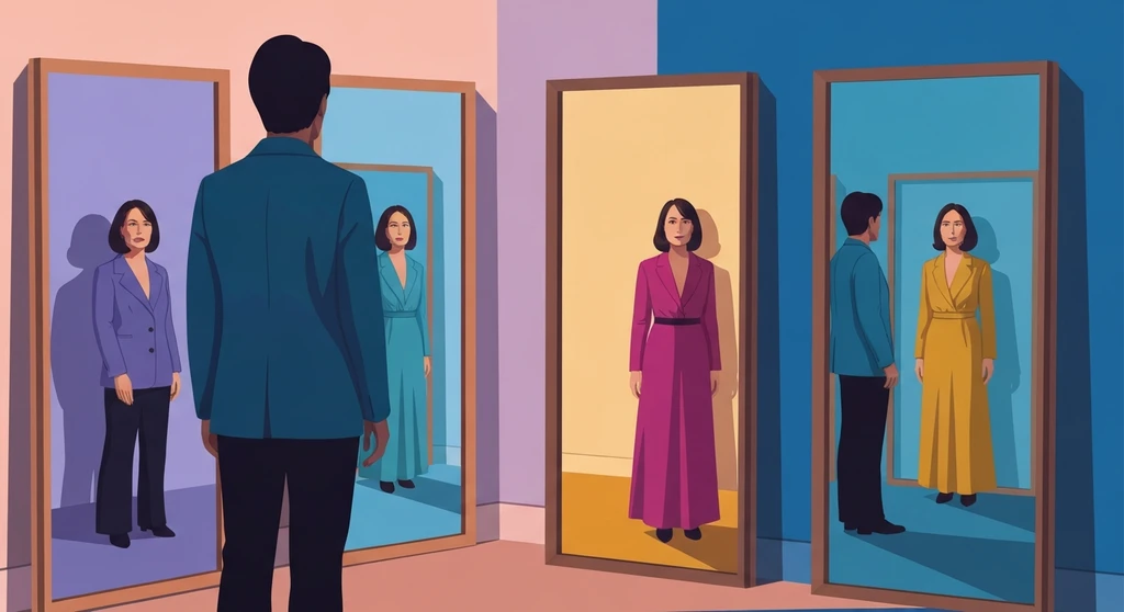 identity-confusion-bestie-ai.webp - A person navigating identity confusion by viewing different versions of themselves in a hall of mirrors.