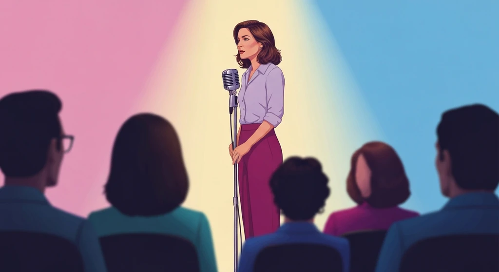 erin-molan-communication-style-analysis-bestie-ai.webp. An image illustrating the Erin Molan communication style analysis, showing a woman speaking with calm assertiveness at a microphone, representing finding one's powerful voice.