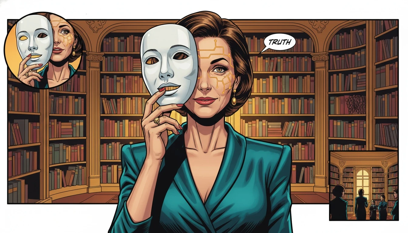 A person representing the complex inner world of an ESFJ removes a simple smiling mask, revealing their authentic self and breaking free from ESFJ stereotypes. File name: esfj-stereotypes-misconceptions-bestie-ai.webp