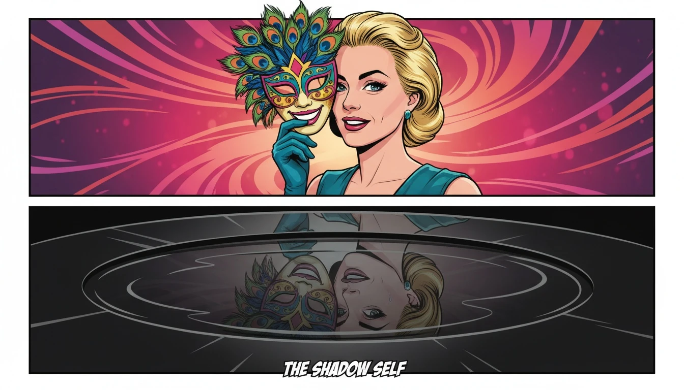 A detailed image depicting the ESFP dark side, showing a colorful entertainer's mask with its sad, distorted shadow reflected beneath it. Filename: esfp-dark-side-bestie-ai.webp